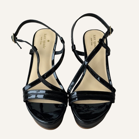 Kate Spade Glossy Black Strappy Wedge Patent Leather Sandals Size 8 - Picture 3 of 9